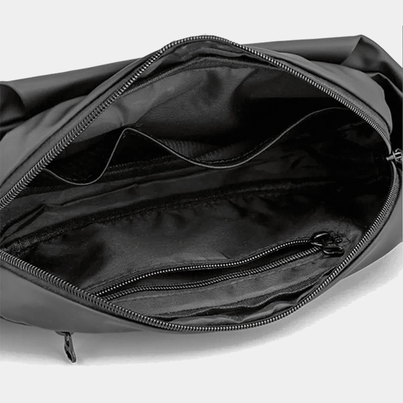 The Aviemore - The Aviemore nylon bum bag in black, open to show the inside The Aviemore nylon bum bag in black, open to show the inside