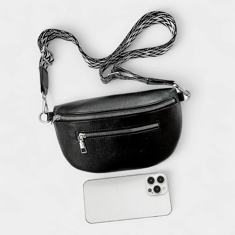 The Bibury faux leather bum bag in black, close-up detail