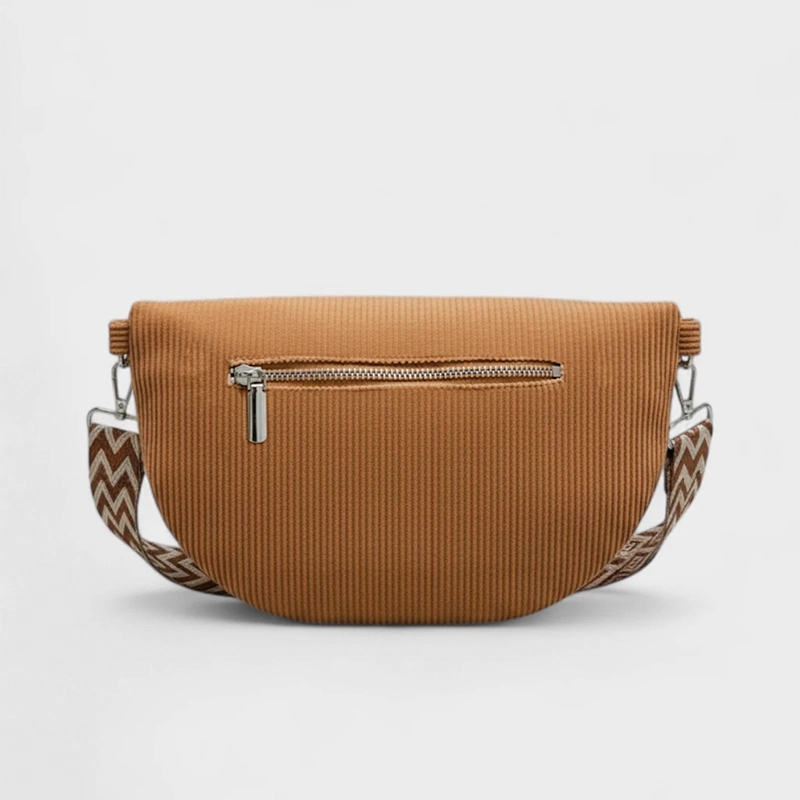 The Ilkley - Back of the brown corduroy bum bag with its zip pocket Back of the brown corduroy bum bag with its zip pocket