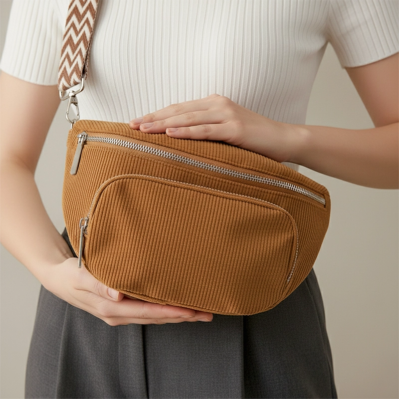 The Ilkley - Brown corduroy bum bag held in both hands, showing the front zip pocket Brown corduroy bum bag held in both hands, showing the front zip pocket