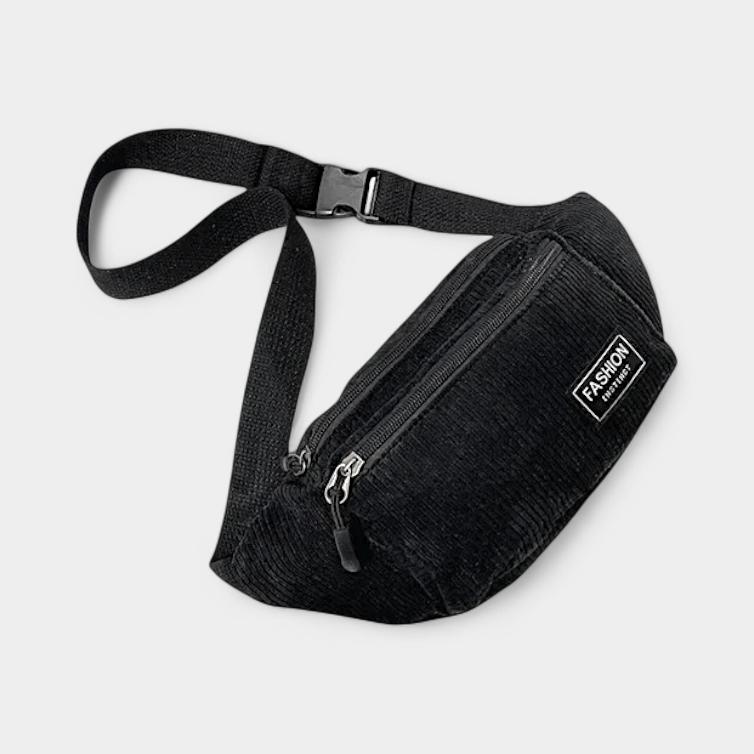 The Pickering corduroy bum bag in black, laid flat