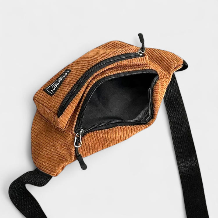 The Pickering - The Pickering corduroy bum bag in brown, open to show the inside The Pickering corduroy bum bag in brown, open to show the inside