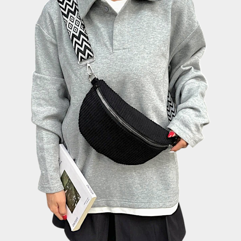 The Skipton corduroy bum bag in black, front view