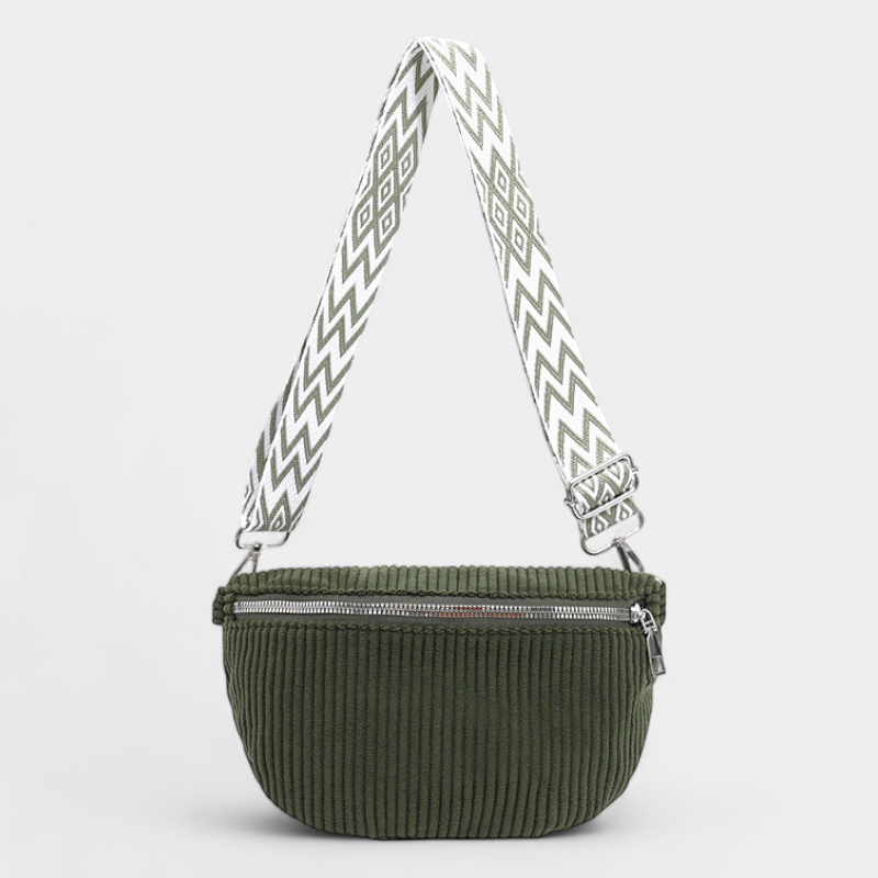 The Skipton corduroy bum bag in green, front view