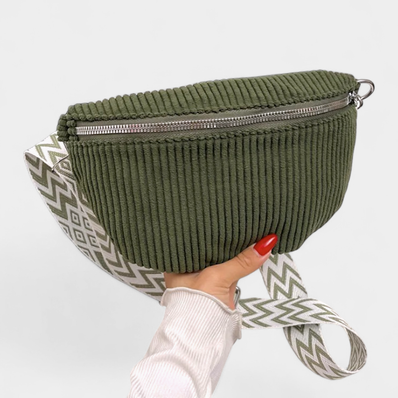 The Skipton corduroy bum bag in green, side view