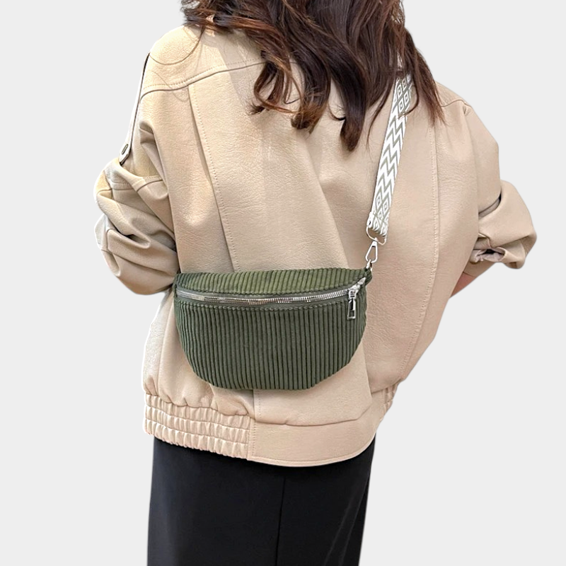 The Skipton corduroy bum bag in green, worn across the body