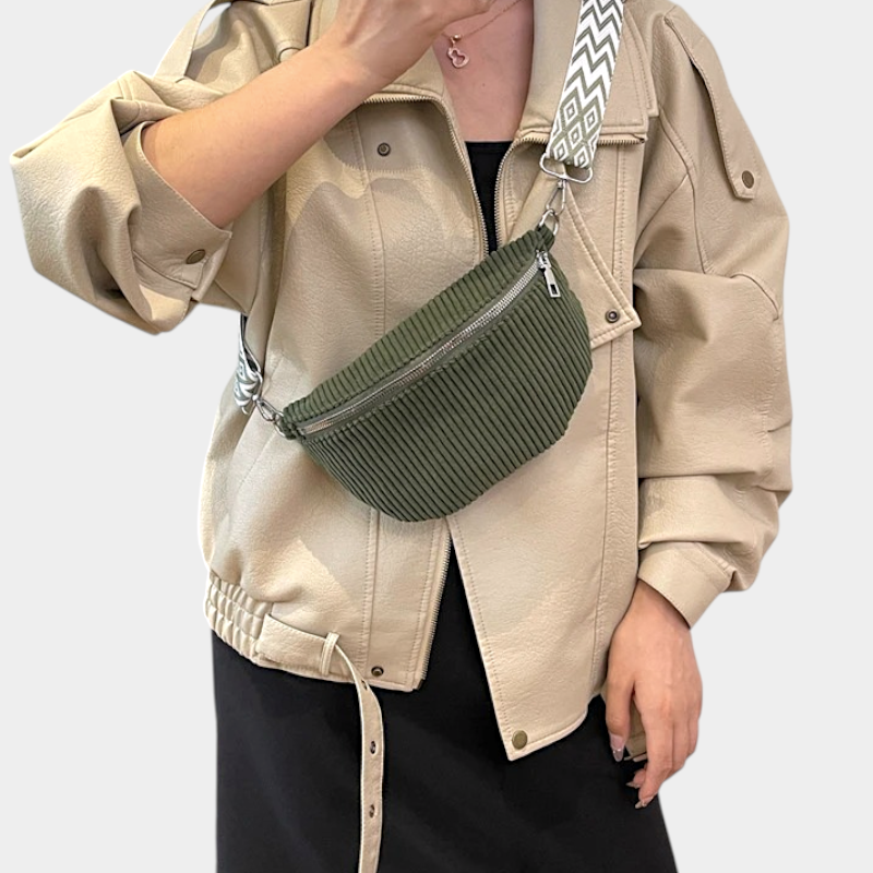 The Skipton corduroy bum bag in green, worn across the body